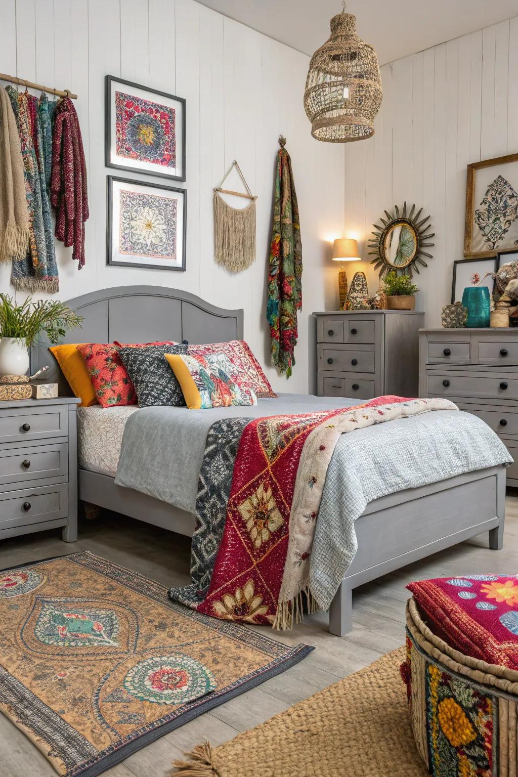 Bohemian decor brings vibrancy to grey furniture settings.