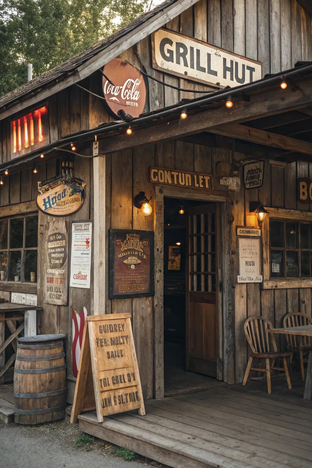 A grill hut filled with retro charm and vintage decor.