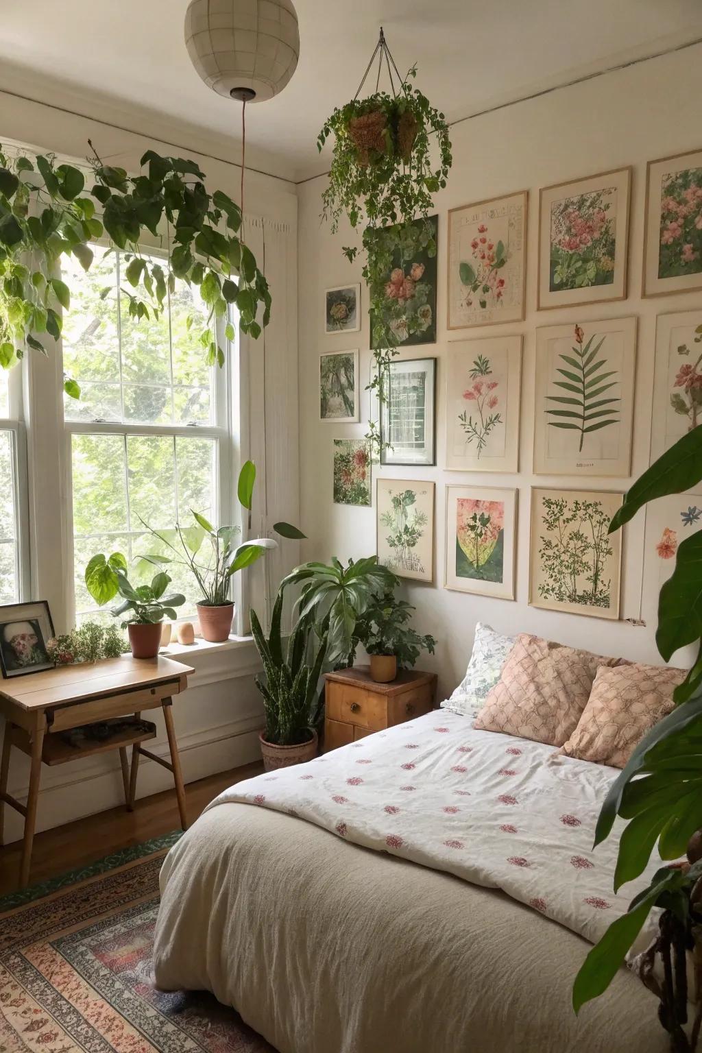 Nature-themed decor enhances aesthetics and purifies the air.