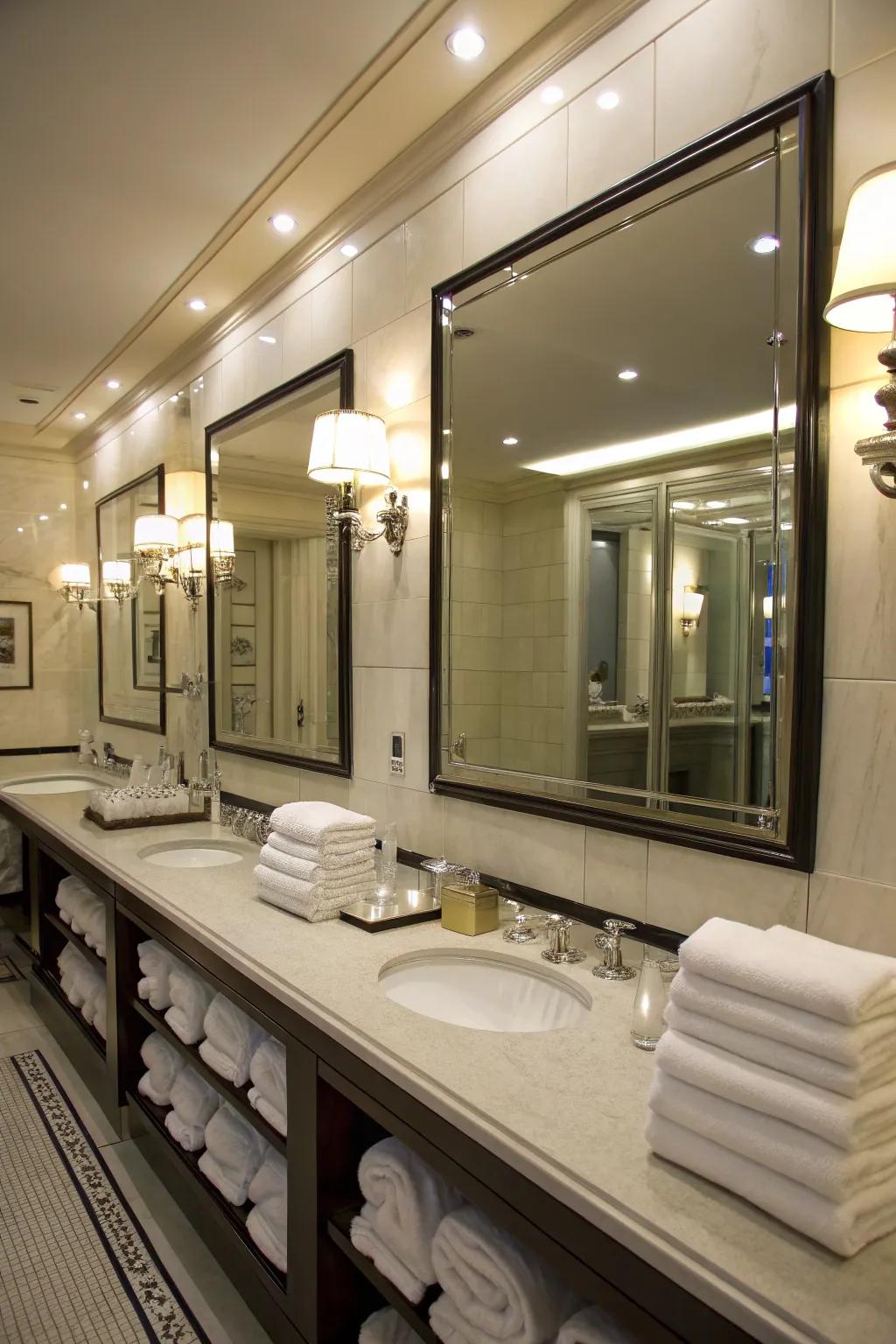 Enhance towel displays with mirrors and lighting.