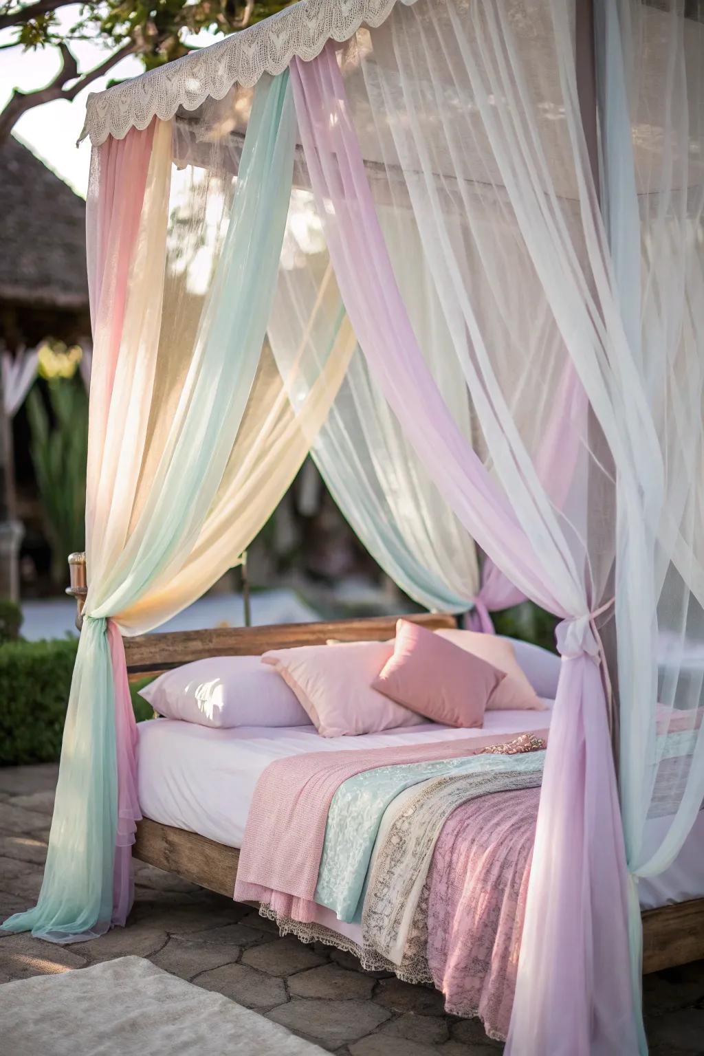 Dreamlike canopies create a whimsical sleeping space.