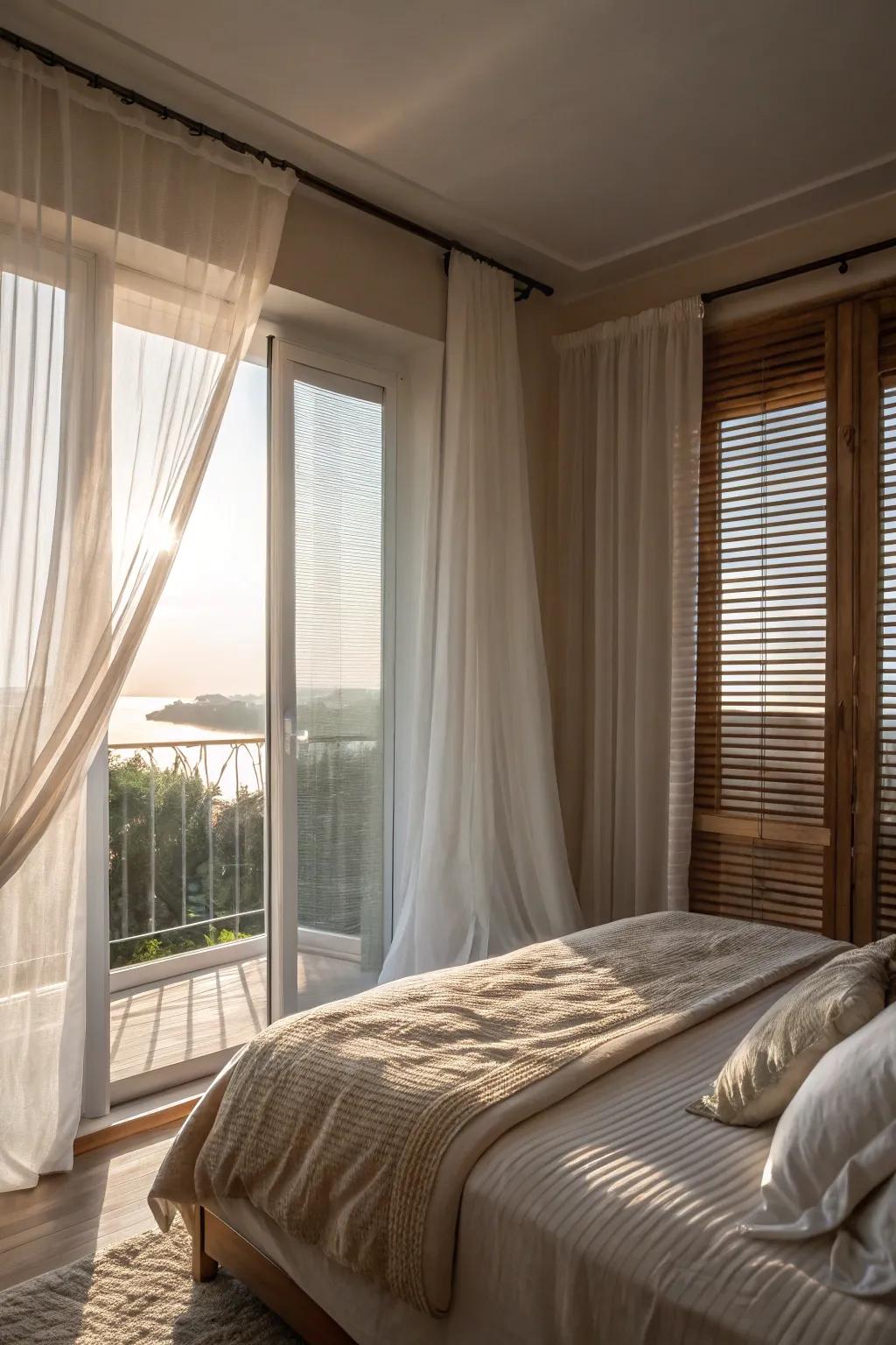 Dreamy bedroom with half window blinds and transparent curtains.