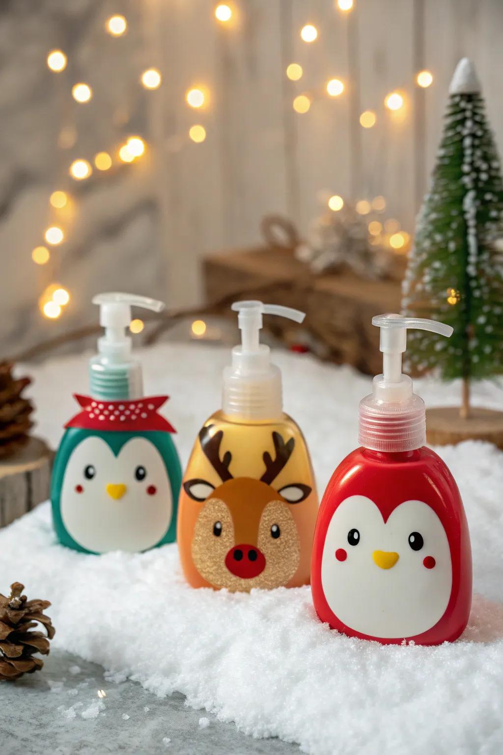 Whimsical creature-shaped hand cleanser bottles for holiday fun