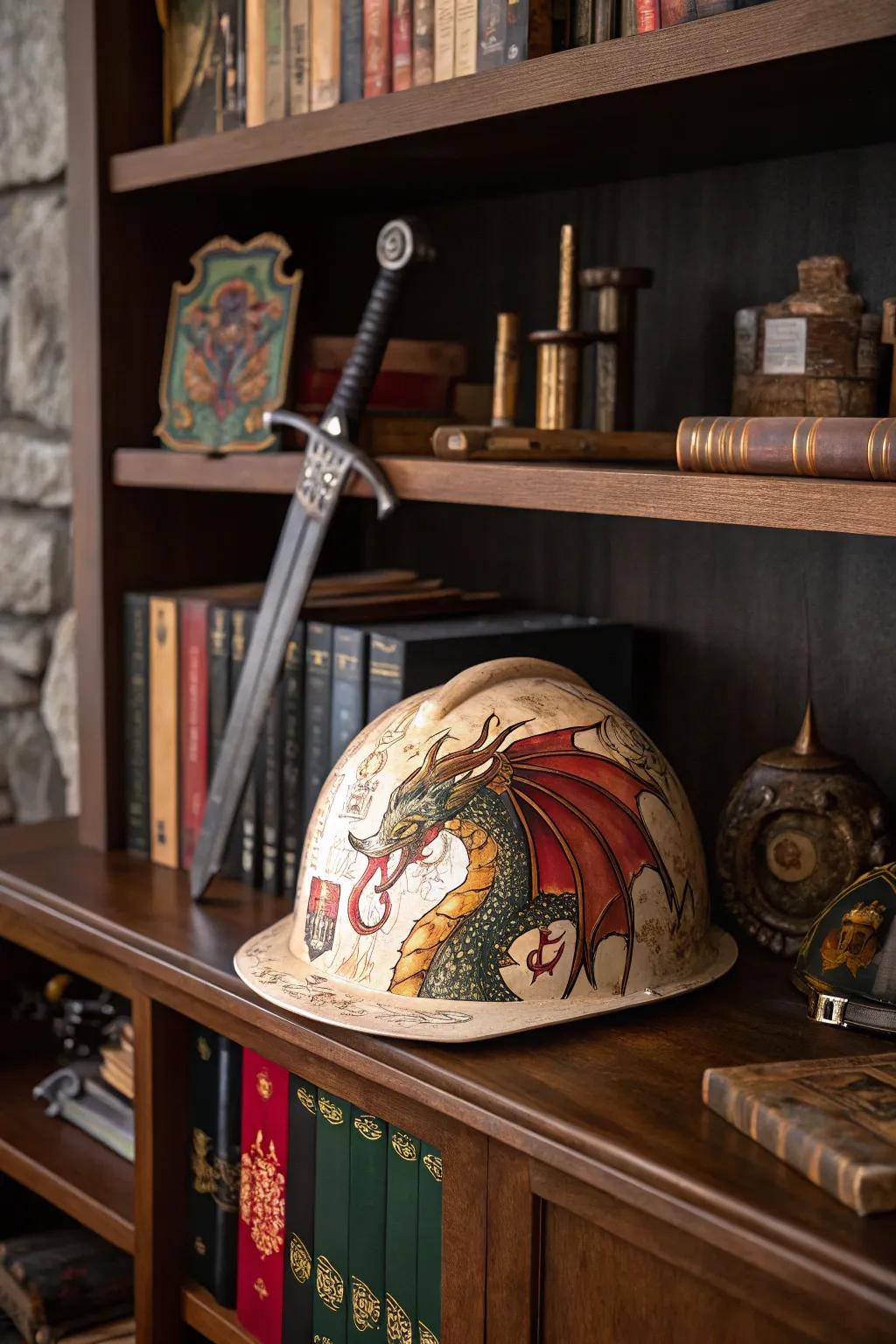 A hard hat designed with an enchanted fantasy theme.
