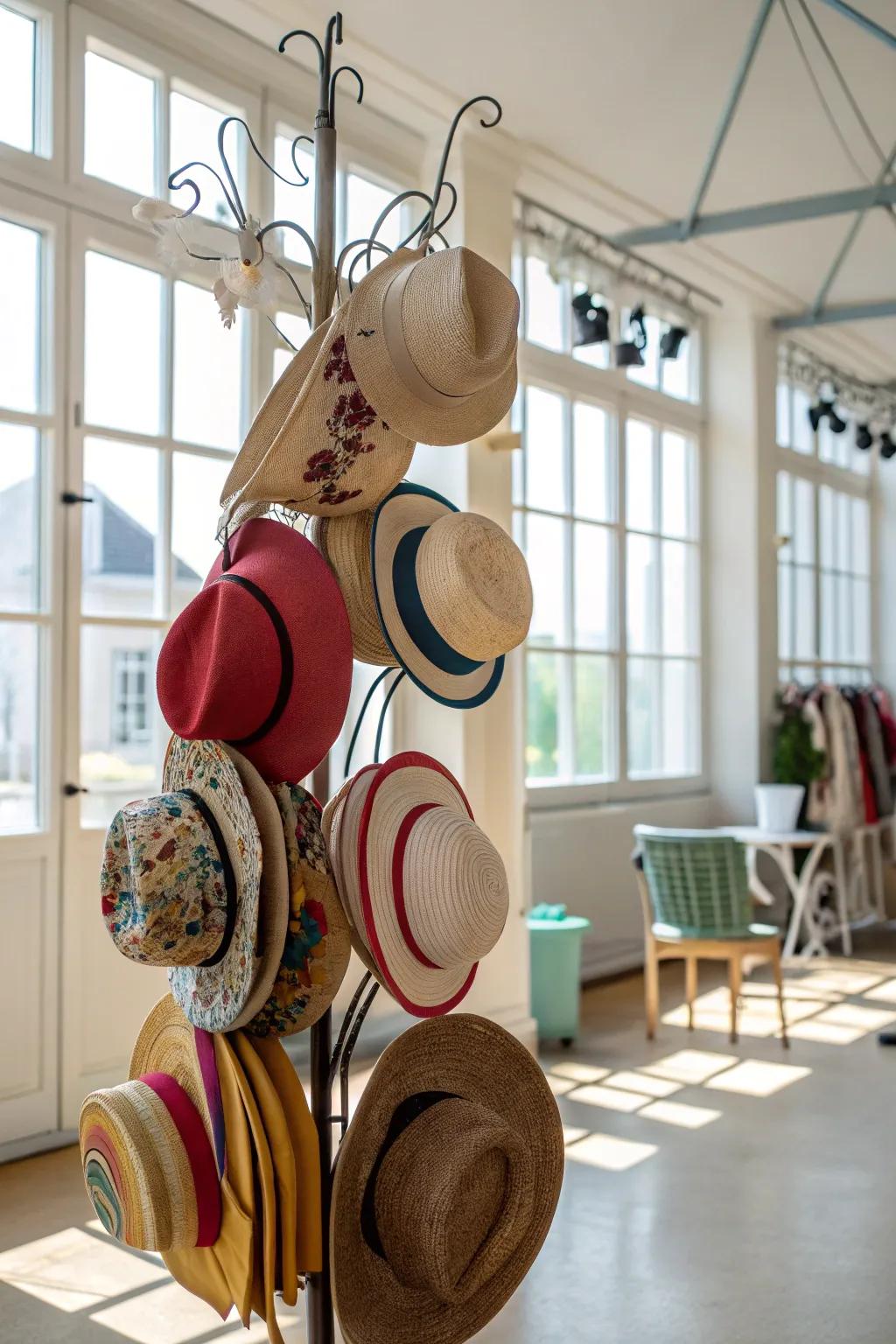 Hats on an accordion-style hanger.