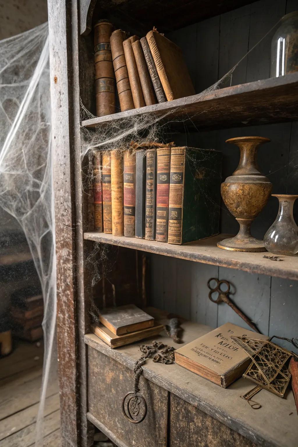 Transform your bookshelf into a haunted library with creepy books and artifacts.