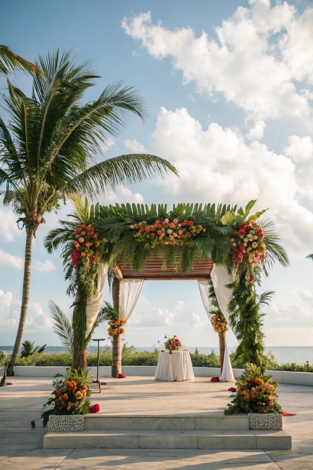 A tropical-themed mandap with vibrant palm leaves and flowers.