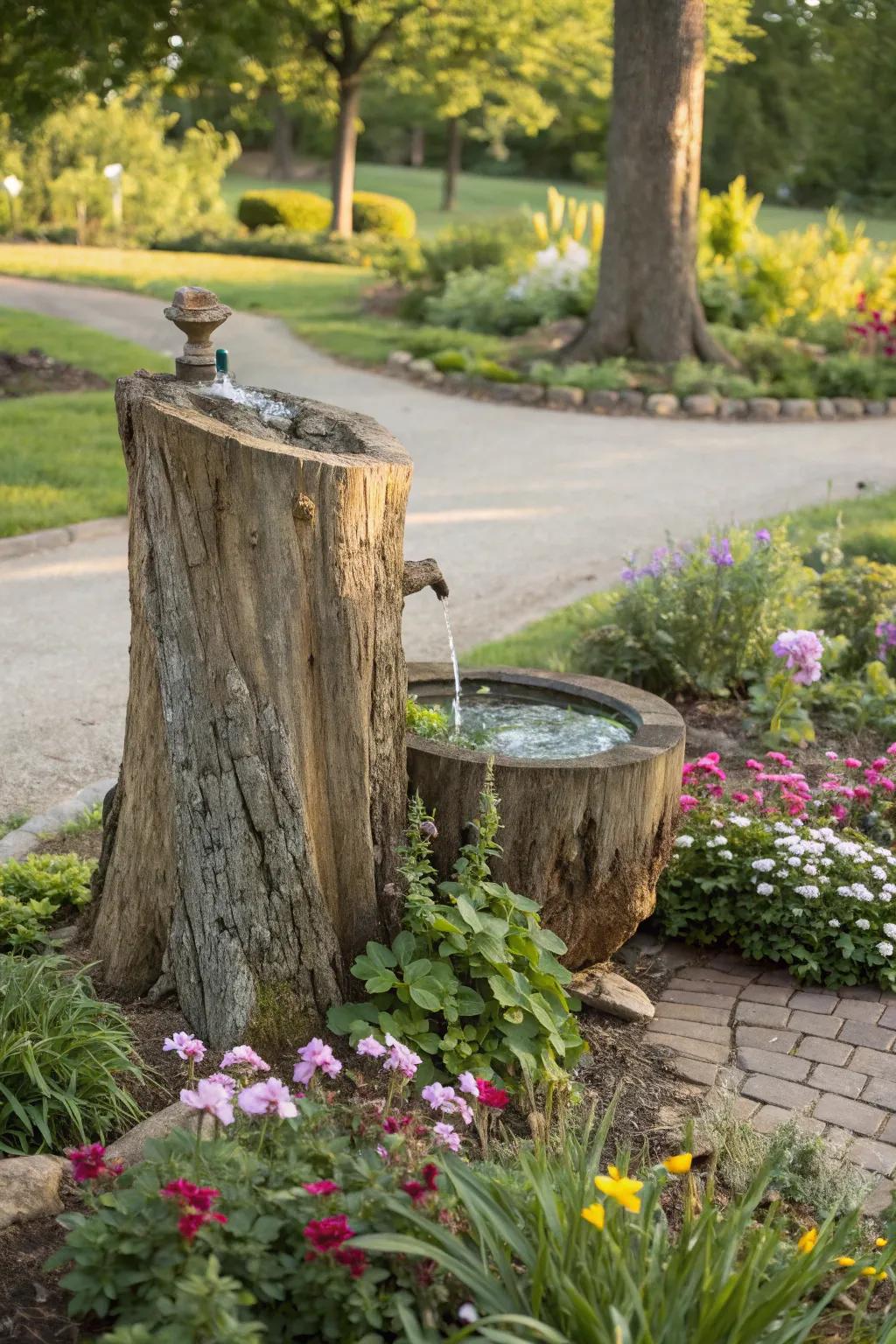 A tree stump serves as the base for a tranquil aquatic feature.