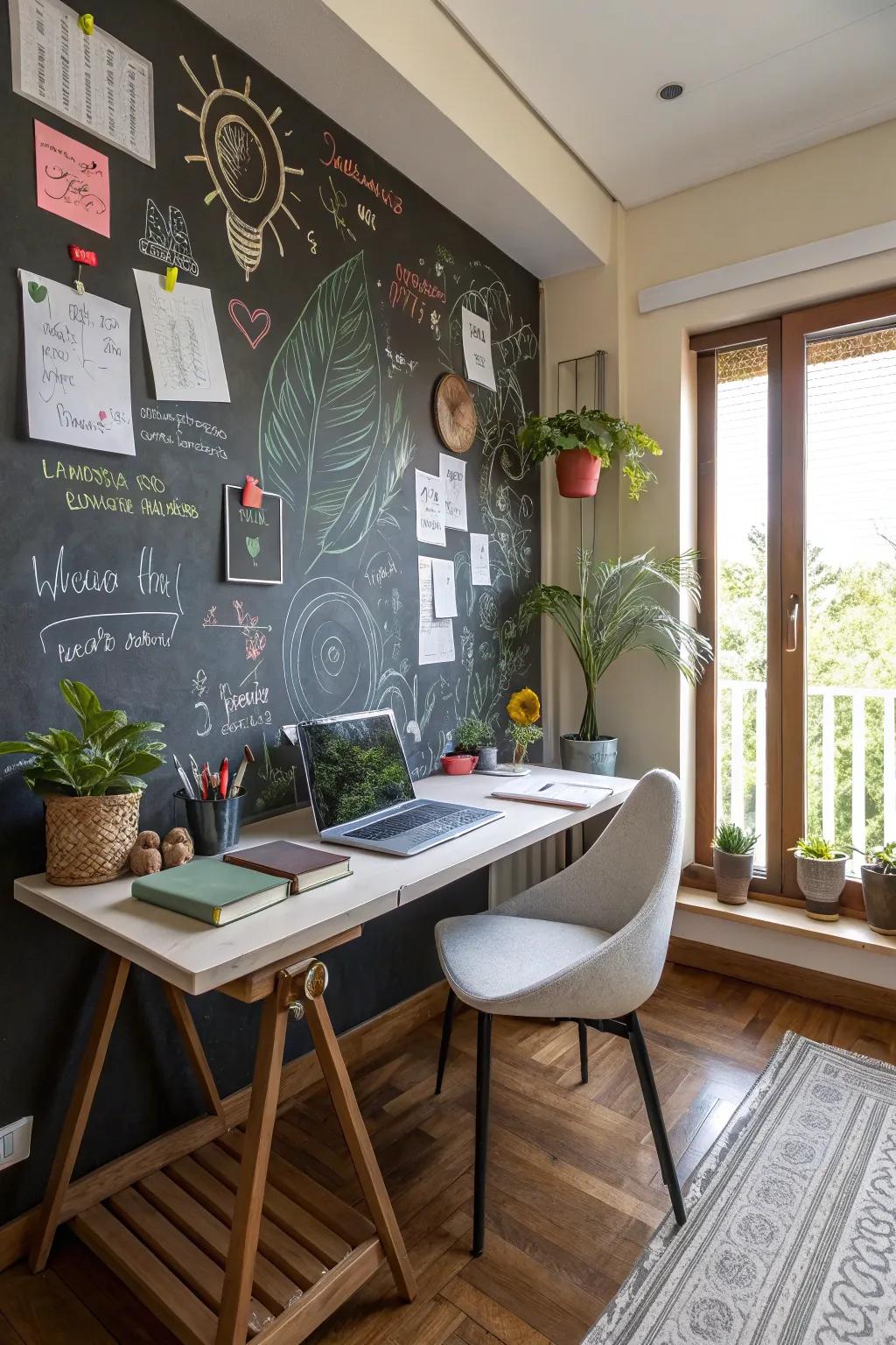 Chalkboard walls offer a fun and functional space for creativity.