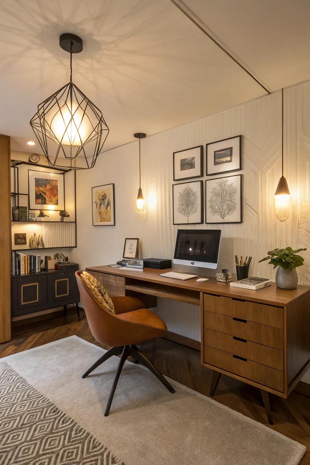 Past-inspired lighting adds nostalgic charm to any workspace.