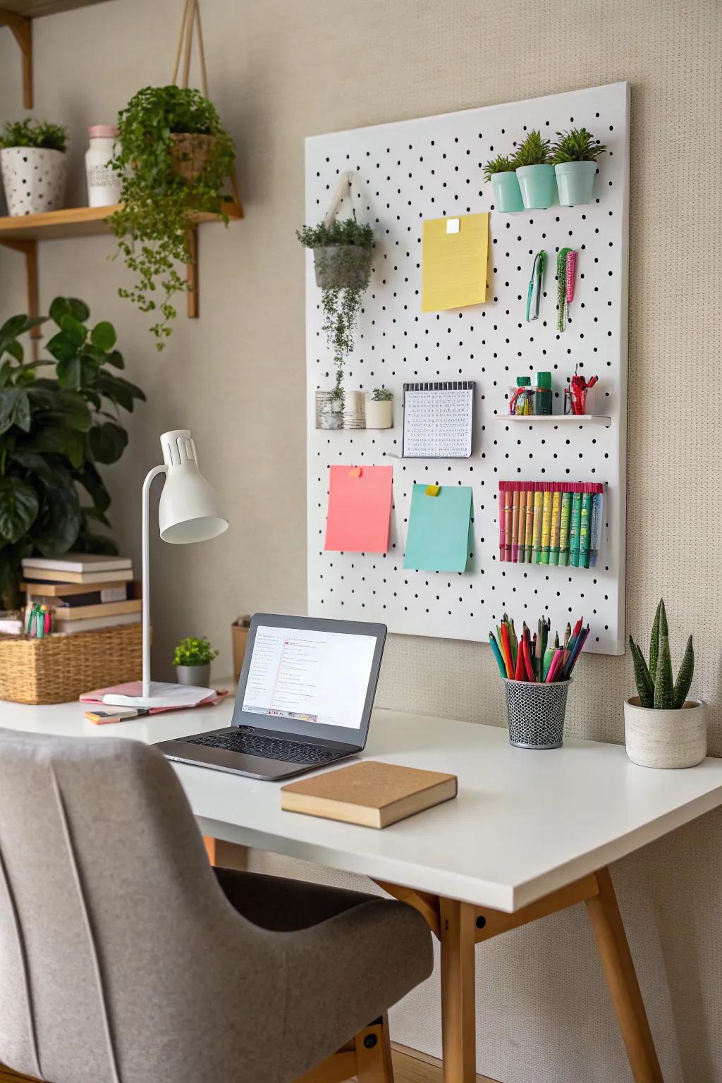 A wall-mounted storage panel keeps supplies in order and maximizes desk space.