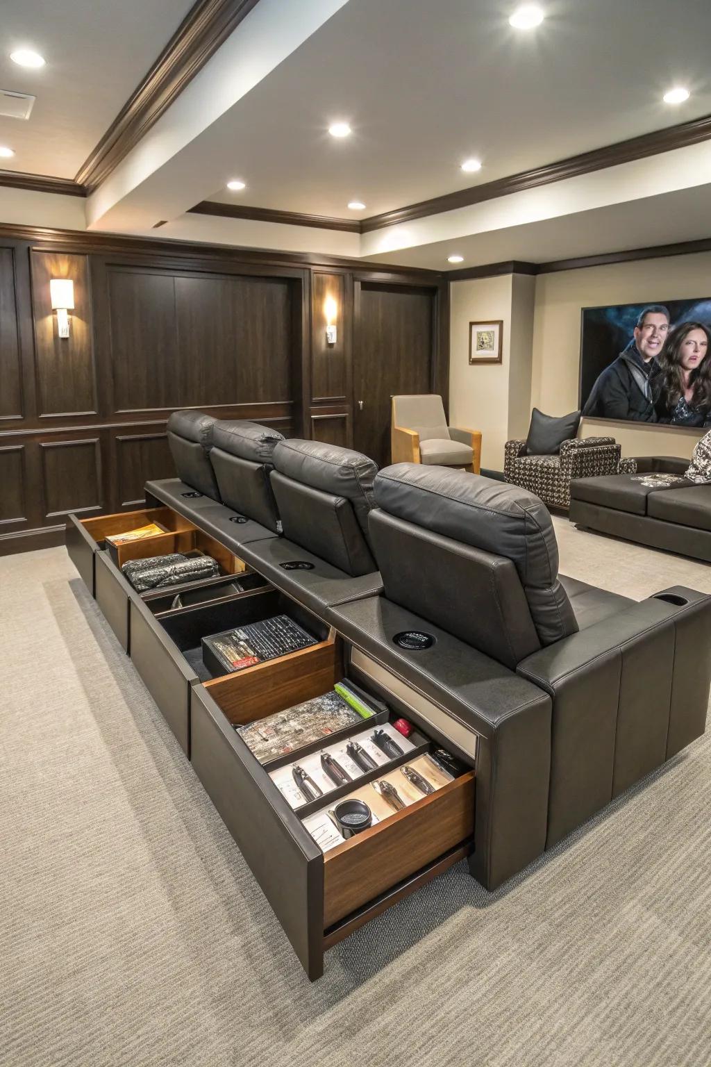 Seating with hidden storage helps keep your home theater organized and clutter-free.
