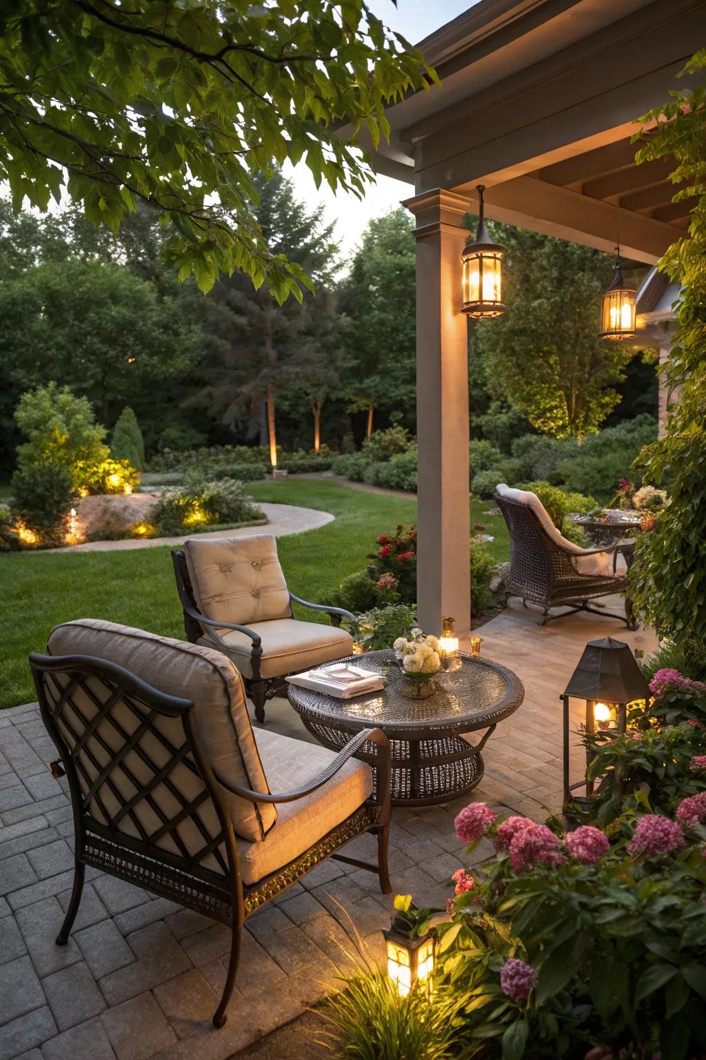An outdoor space transformed into an inviting area with new furniture and lighting.