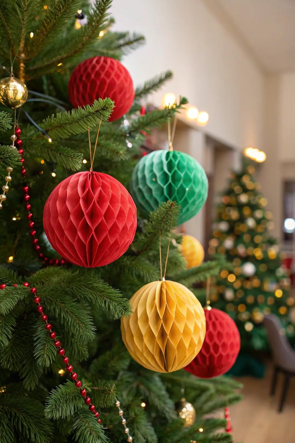 Multihued textured paper globe ornaments appending contemporary panache to the holiday adornments.