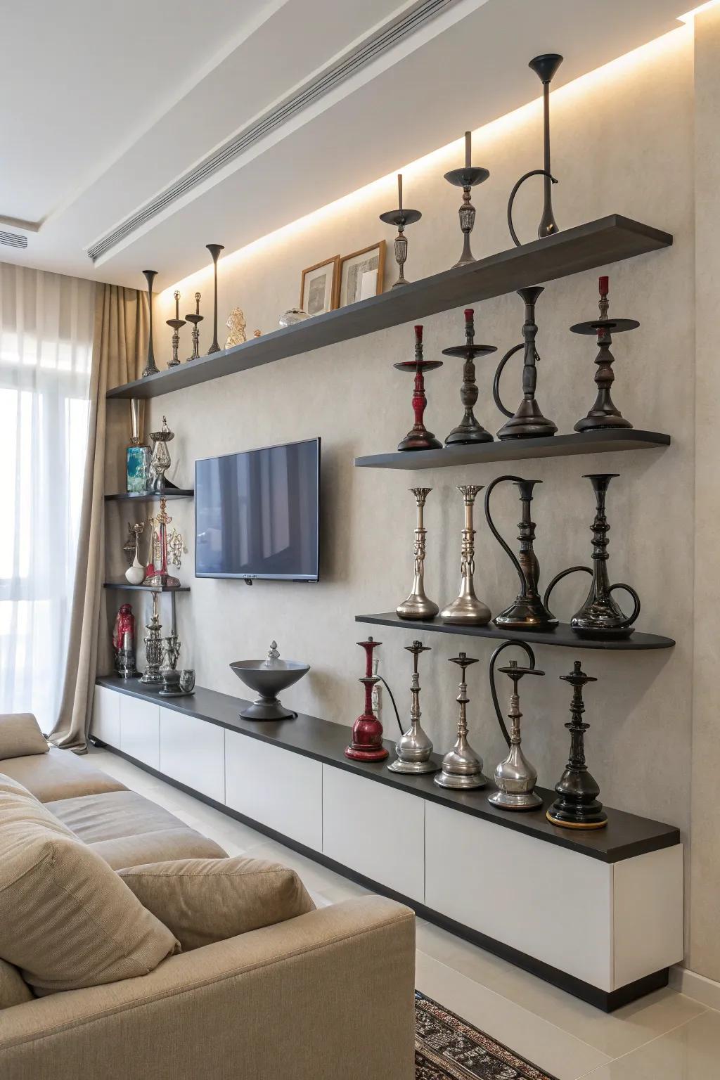 Floating shelves are a minimalist and tidy way to show off your smoking gear.