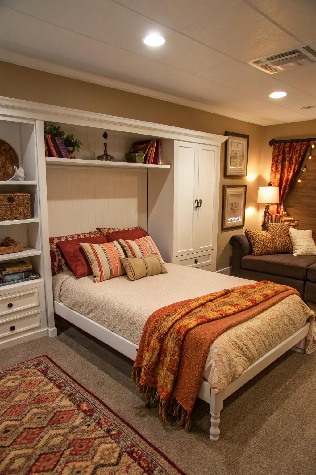 A welcoming retreat-inspired area using a convertible bed, offering a warm and inviting getaway.