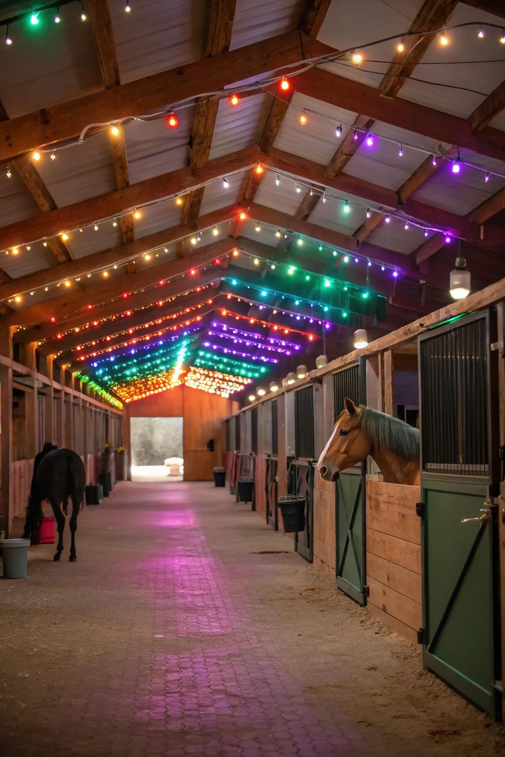 Hued diode lights transform the barn for special occasions.