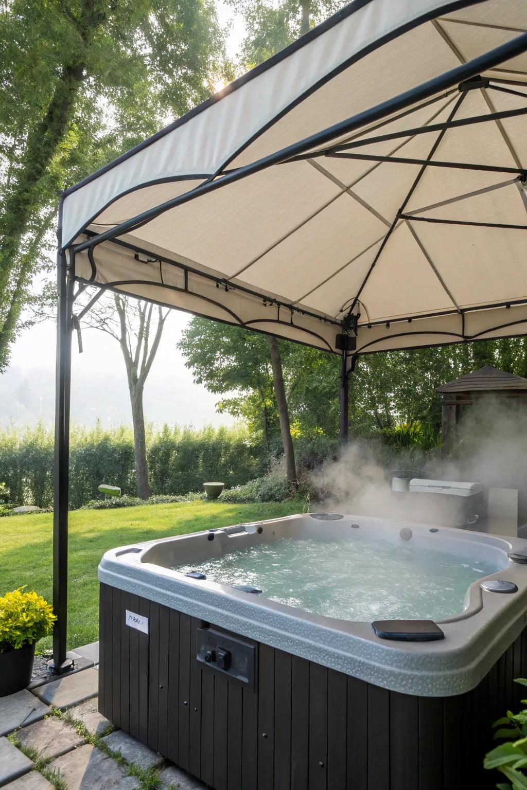 An overhead canopy furnishes shade and seclusion from above.