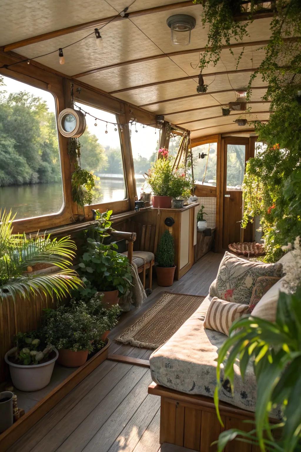Greenery introduces a refreshing element to this houseboat’s interior.