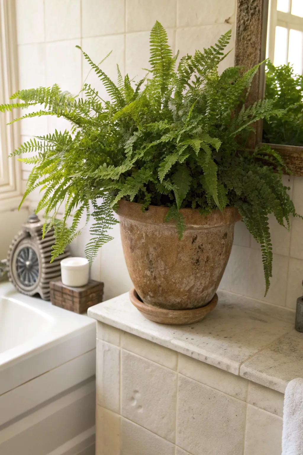 Ferns giving the bathroom a natural feel.