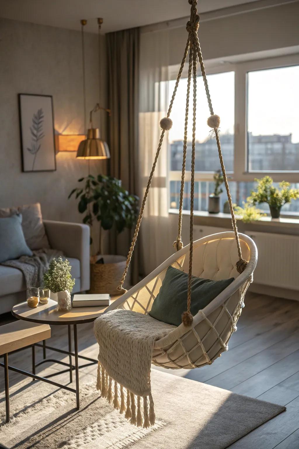 Incorporate a playful impression utilizing a suspended chair in your corner.
