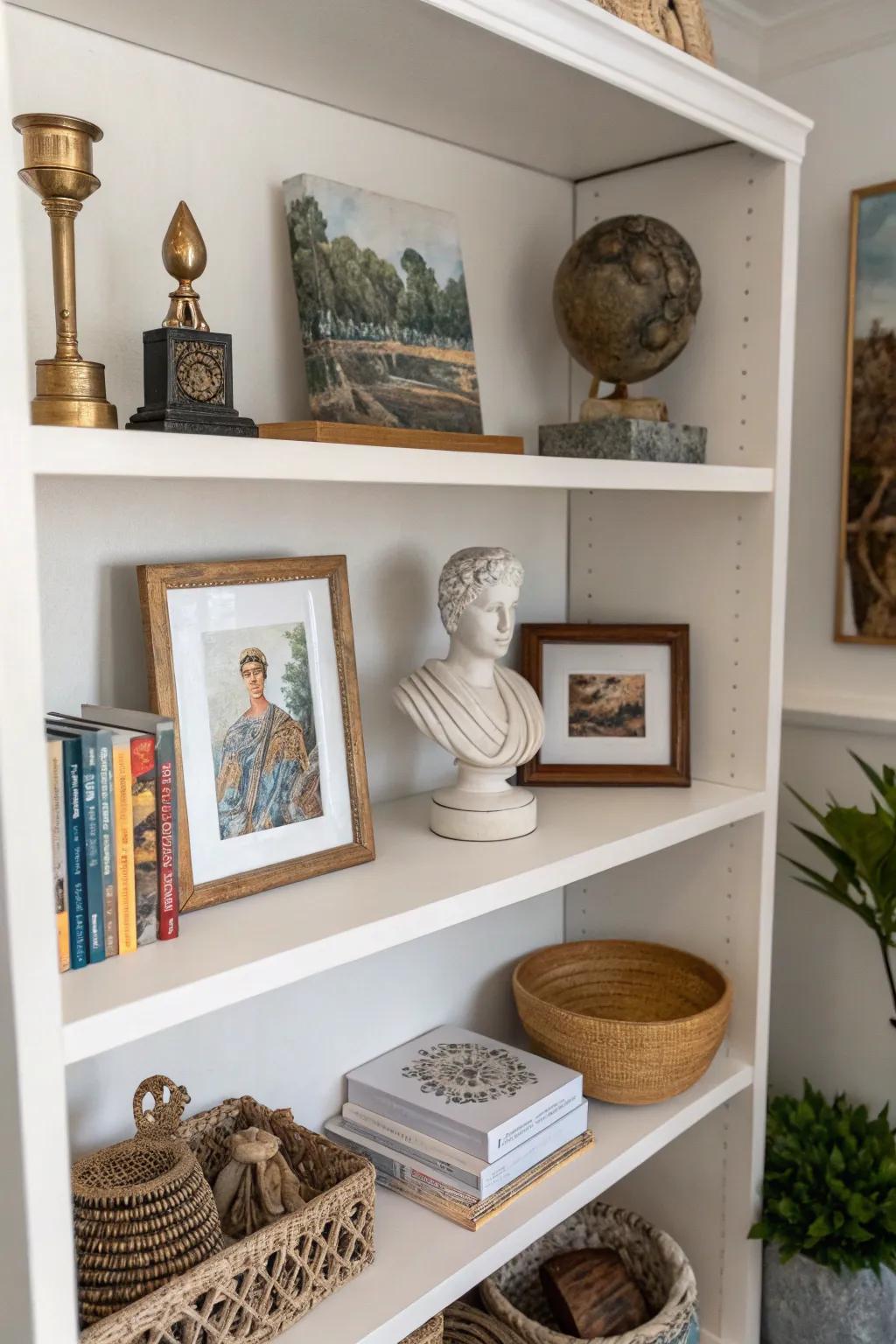 Art pieces elevate shelf decor.