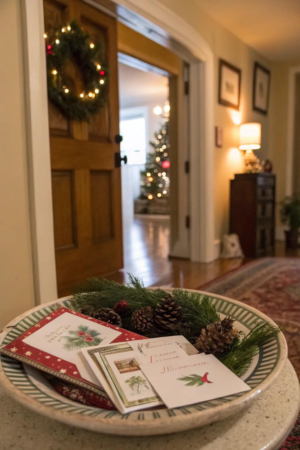 A celebratory dish display welcomes visitors with holiday cheer.
