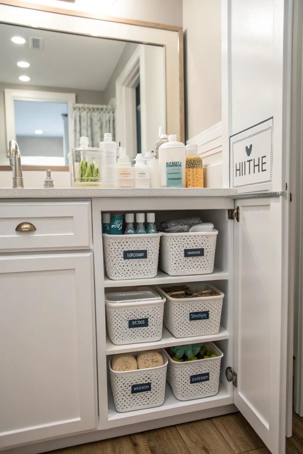 Custom labels on bins and containers in a cabinet add a personal touch to organization.