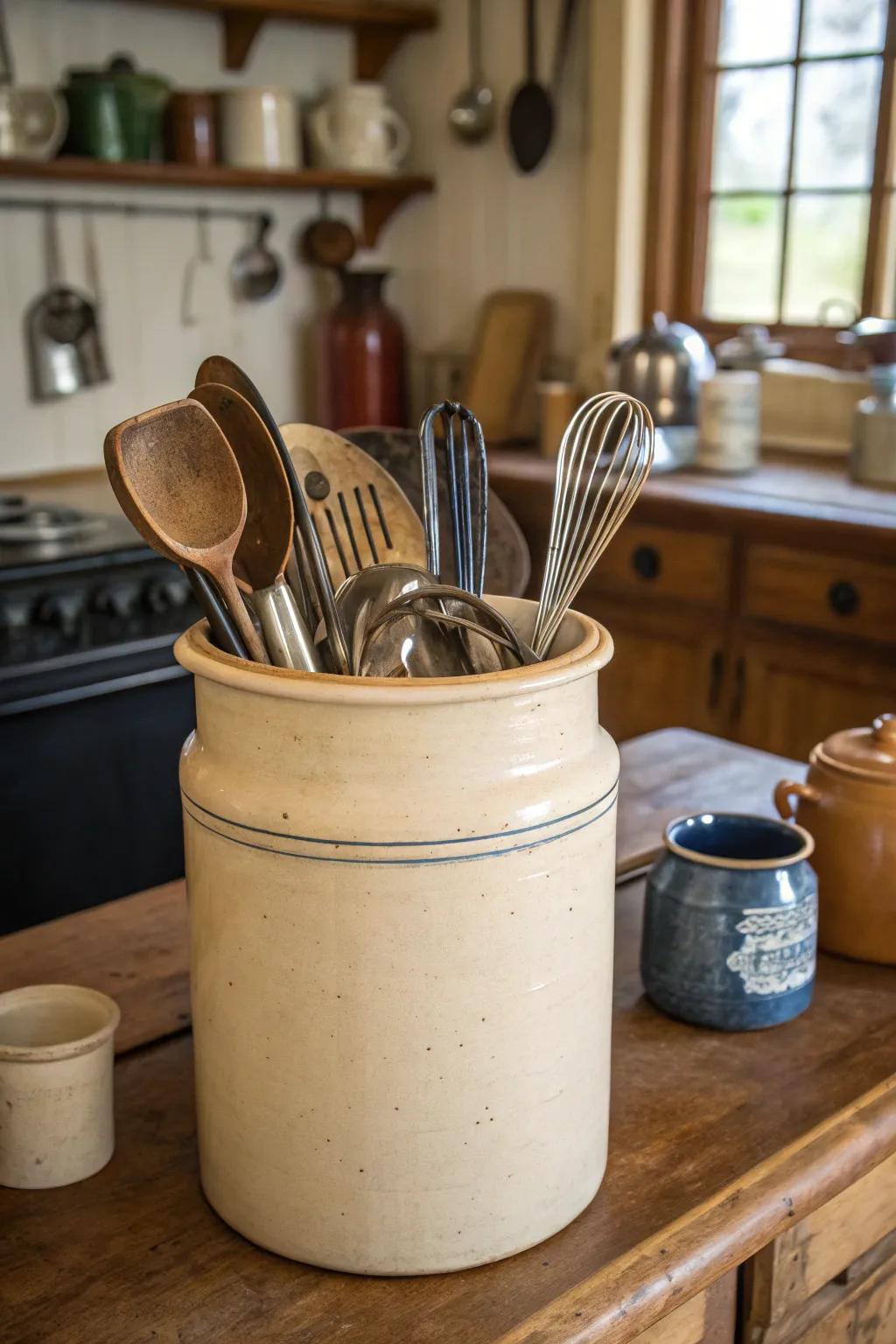 Antique stoneware adding character to how utensils are stored.