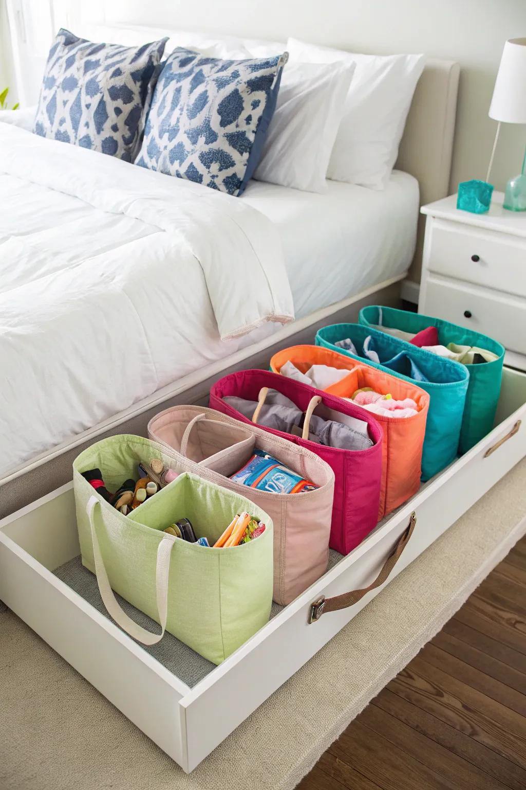 Under-bed storage keeps tote bags hidden yet accessible.