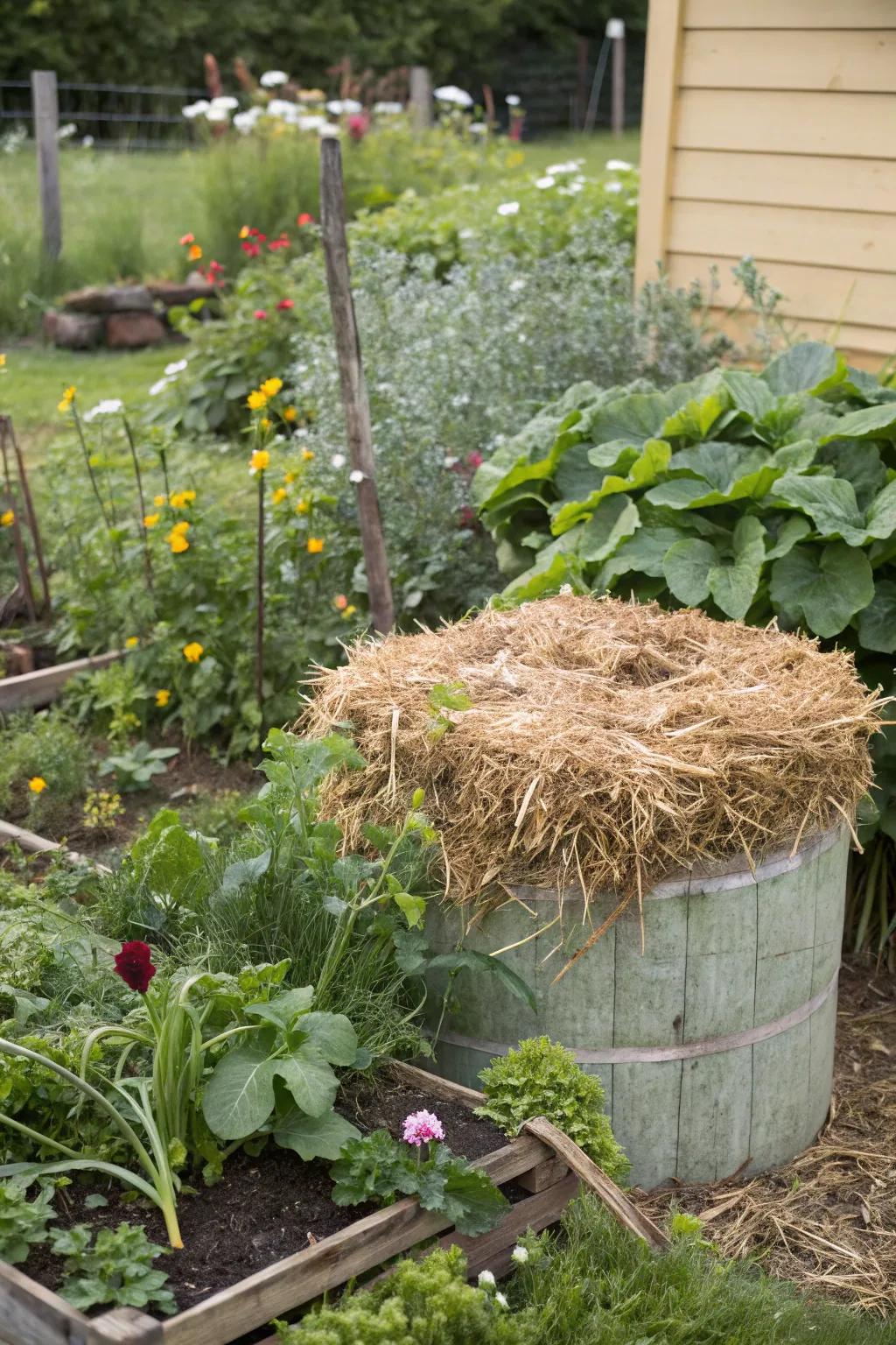 A compost container made of straw bundles blends seamlessly into the vegetable garden.