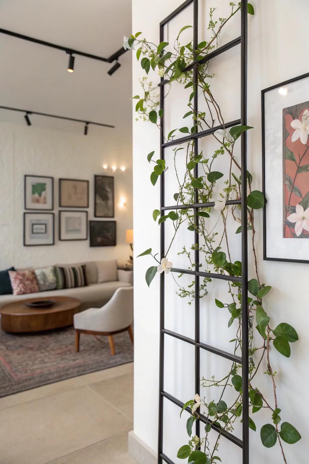 A modern art-inspired room featuring a Waxplant on a framed wall climber.