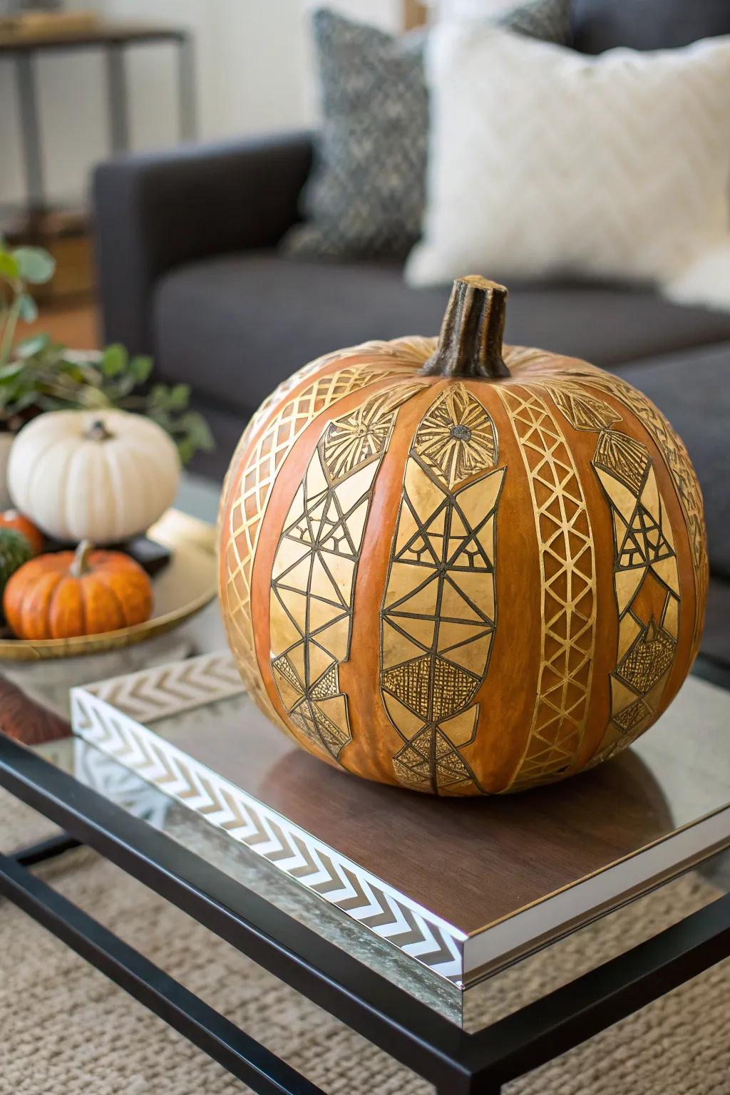 A gold leaf pumpkin offering a modern and luxurious decorative touch.