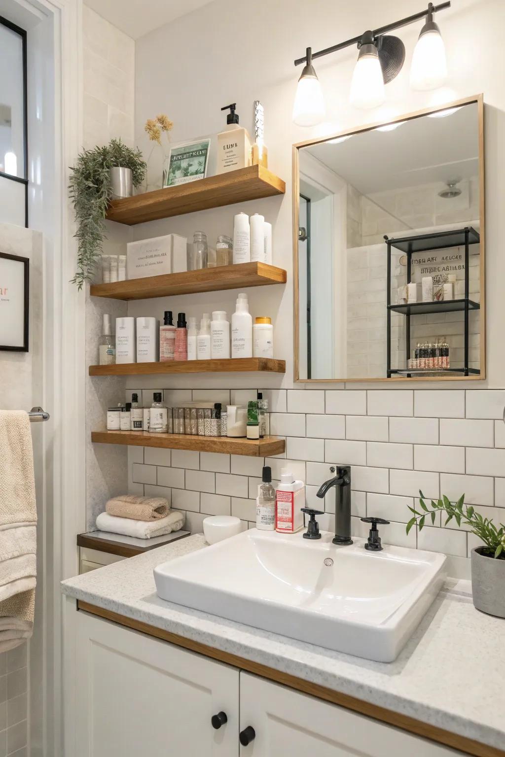 Keep your washroom functional and stylish with built-in shelving.