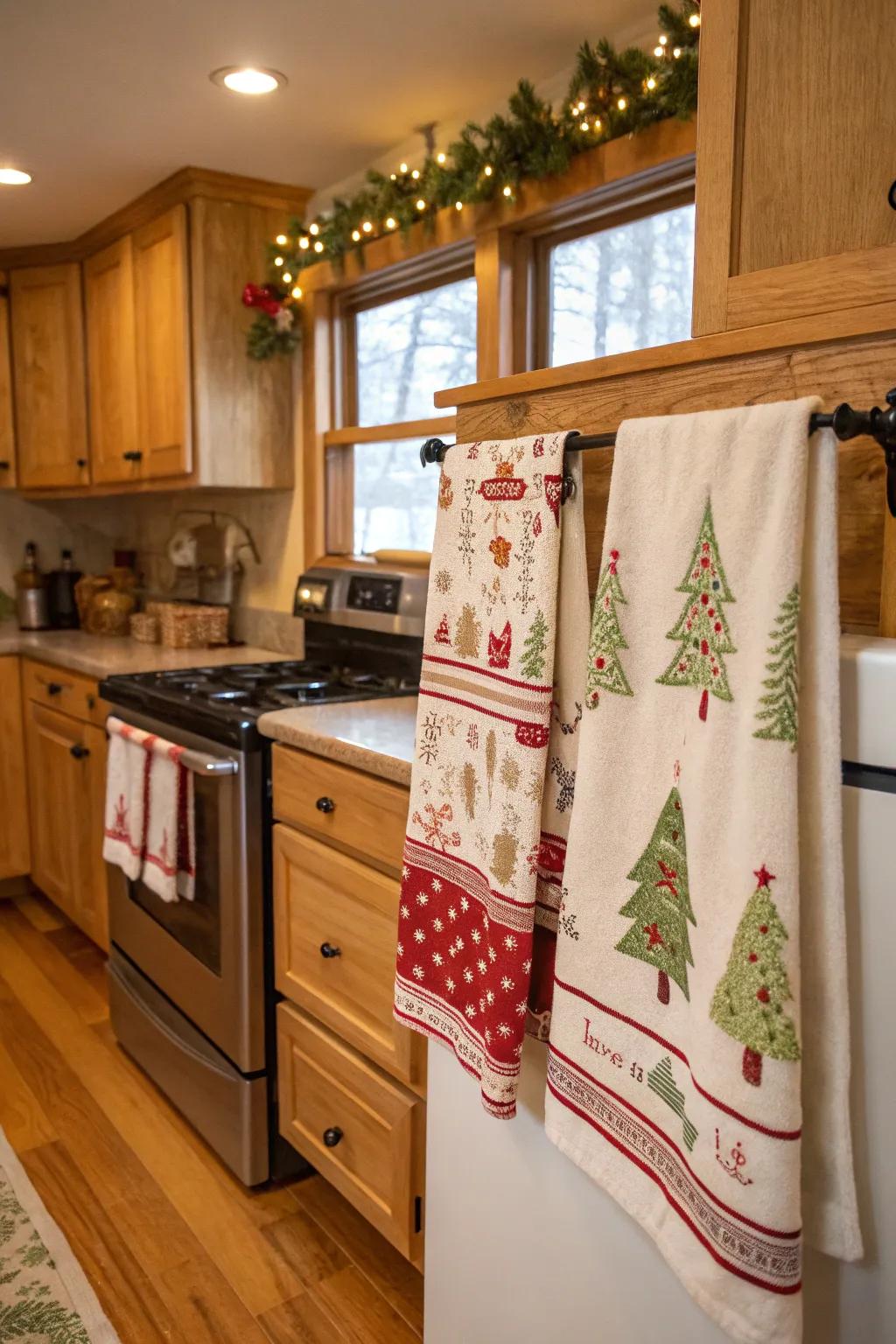 Holiday-themed towels bringing cheer to the kitchen.