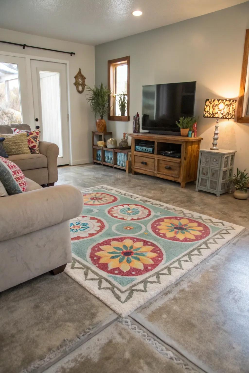 A faux rug painted on a concrete floor adds warmth and pattern to this inviting living room.