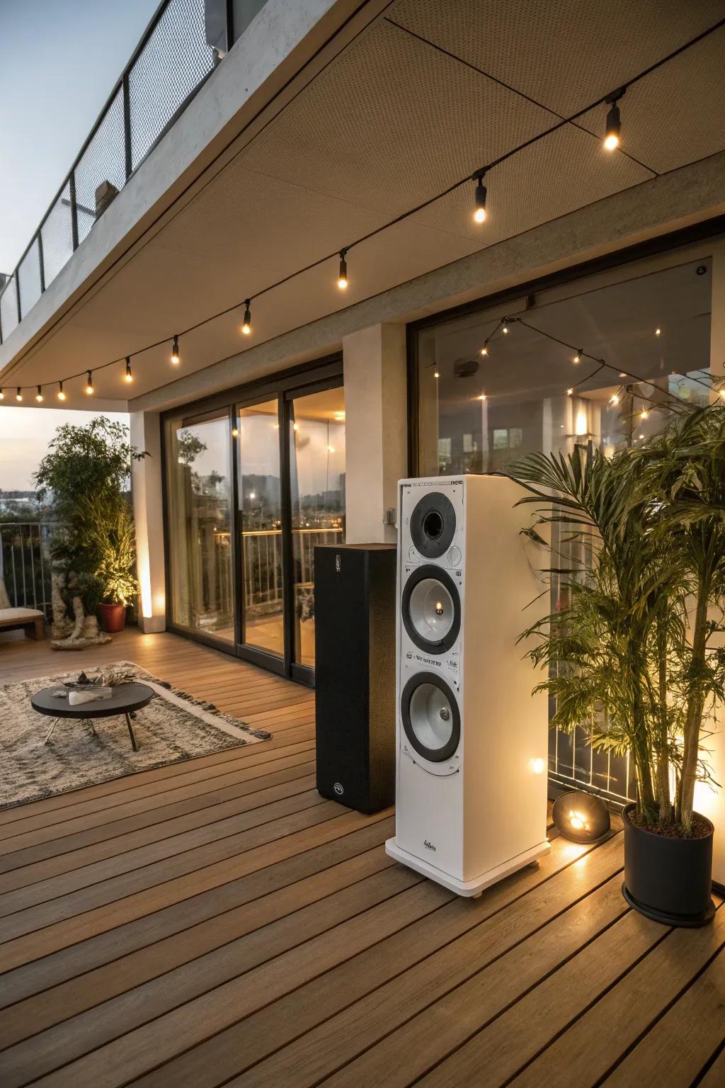 An ambient sound system enhances the relaxing atmosphere of this indoor deck.