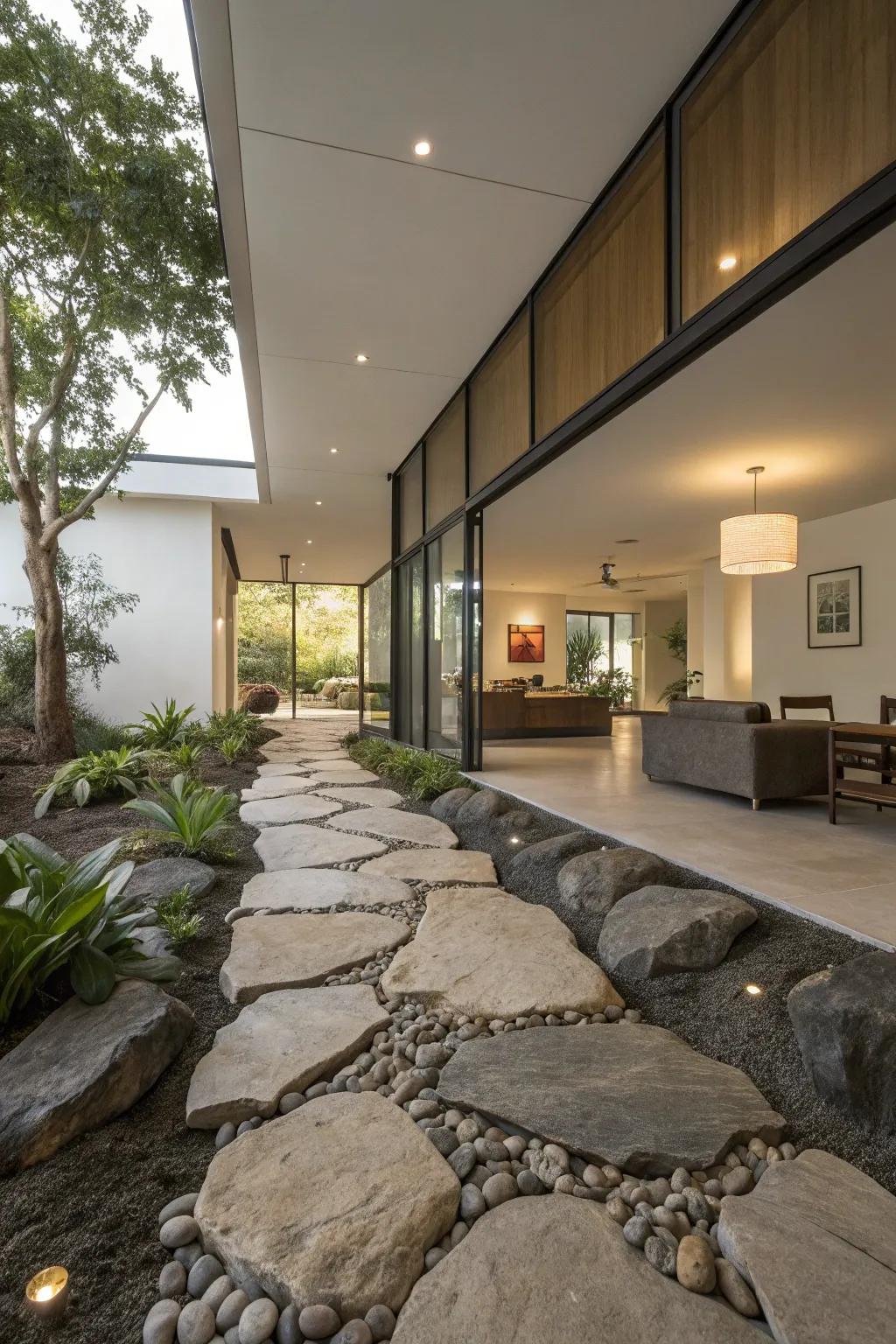 An interior stone path directs steps with style and imagination.