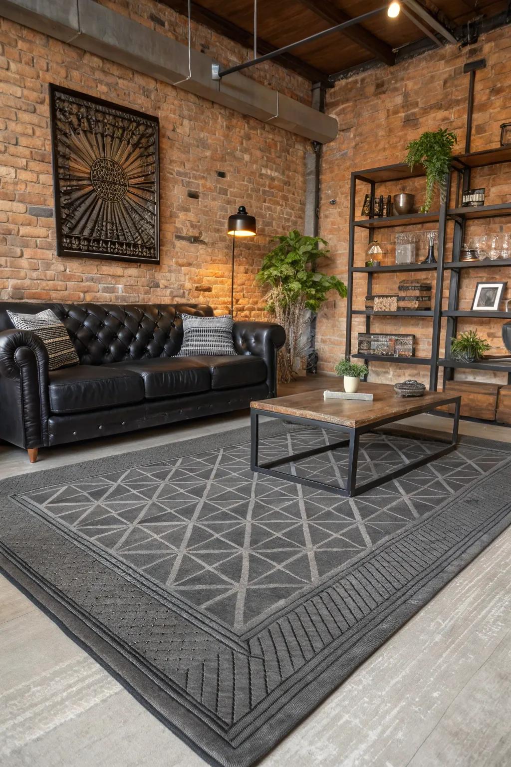 An industrial rug adds warmth to the decor.