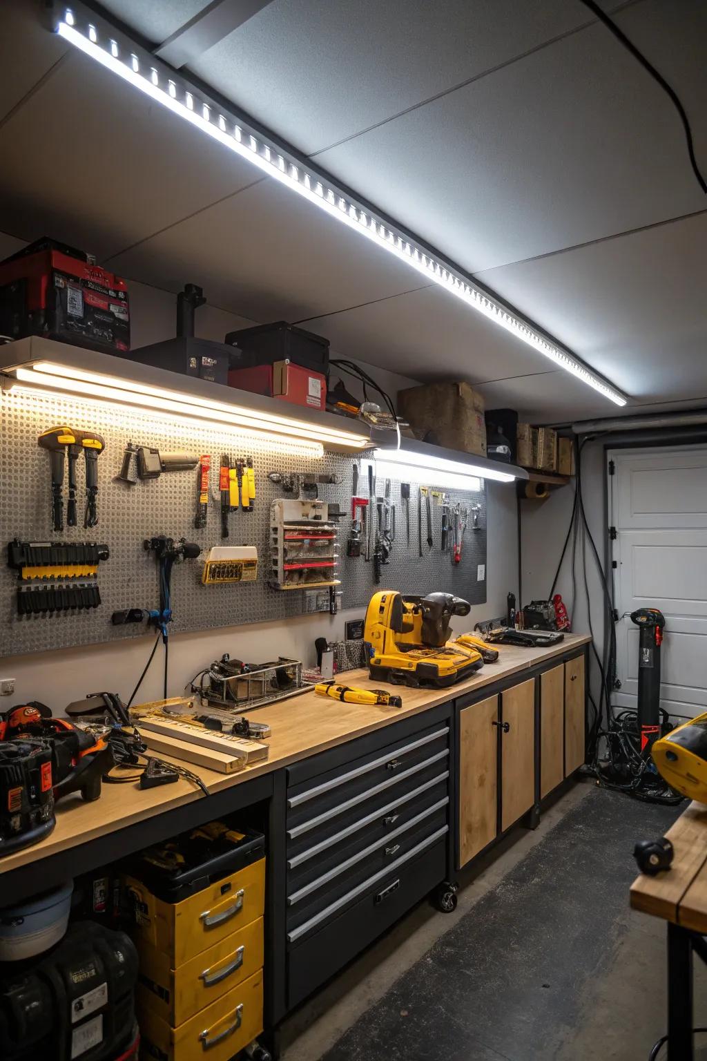 Effective garage workshop featuring LED strip illumination
