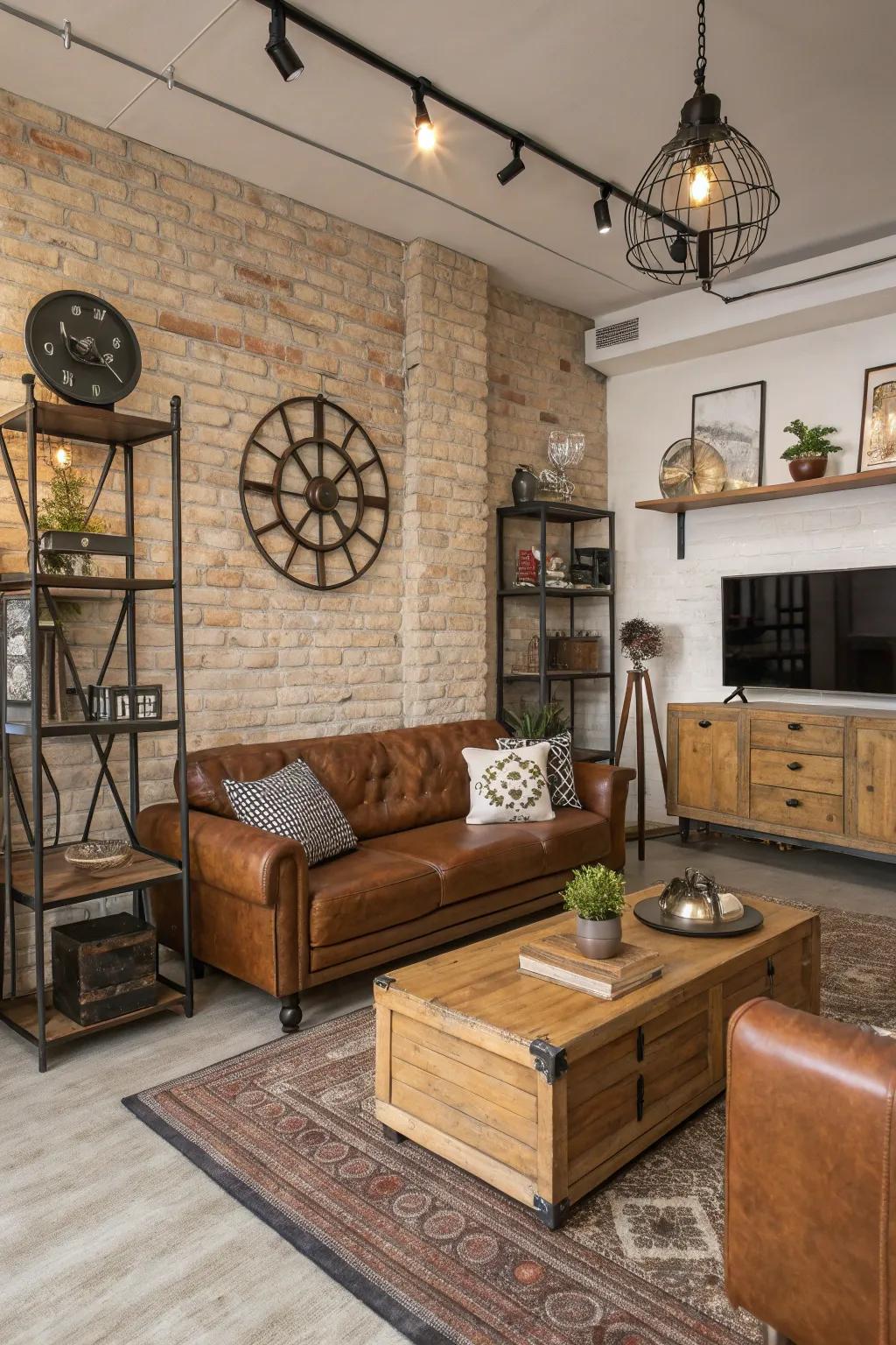 Industrial chic accessories enhance the design subtly.