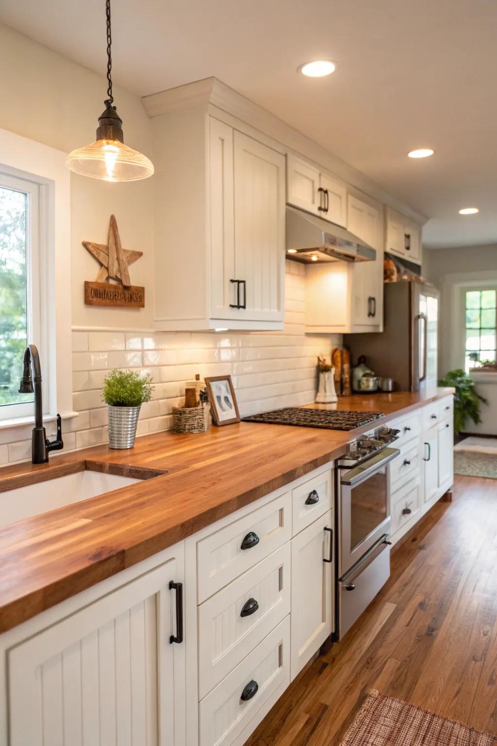 Refinishing brings new life to butcher block countertops, enhancing their natural charm.