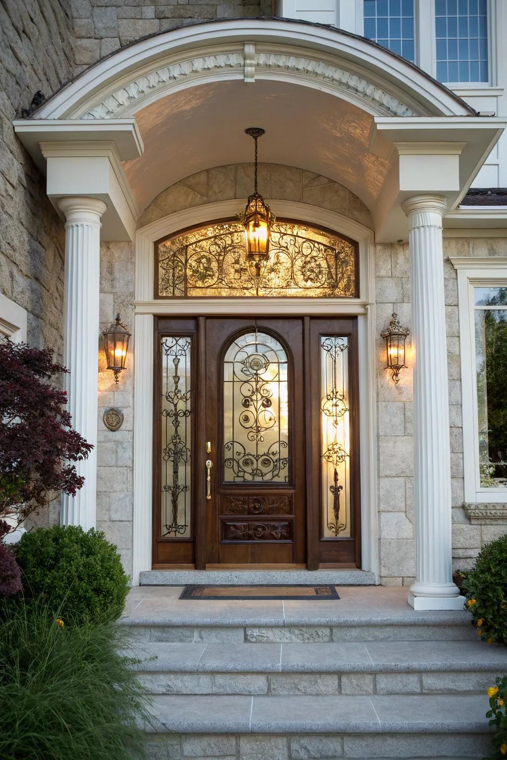 Sidelights include light and grandeur to this entrance.