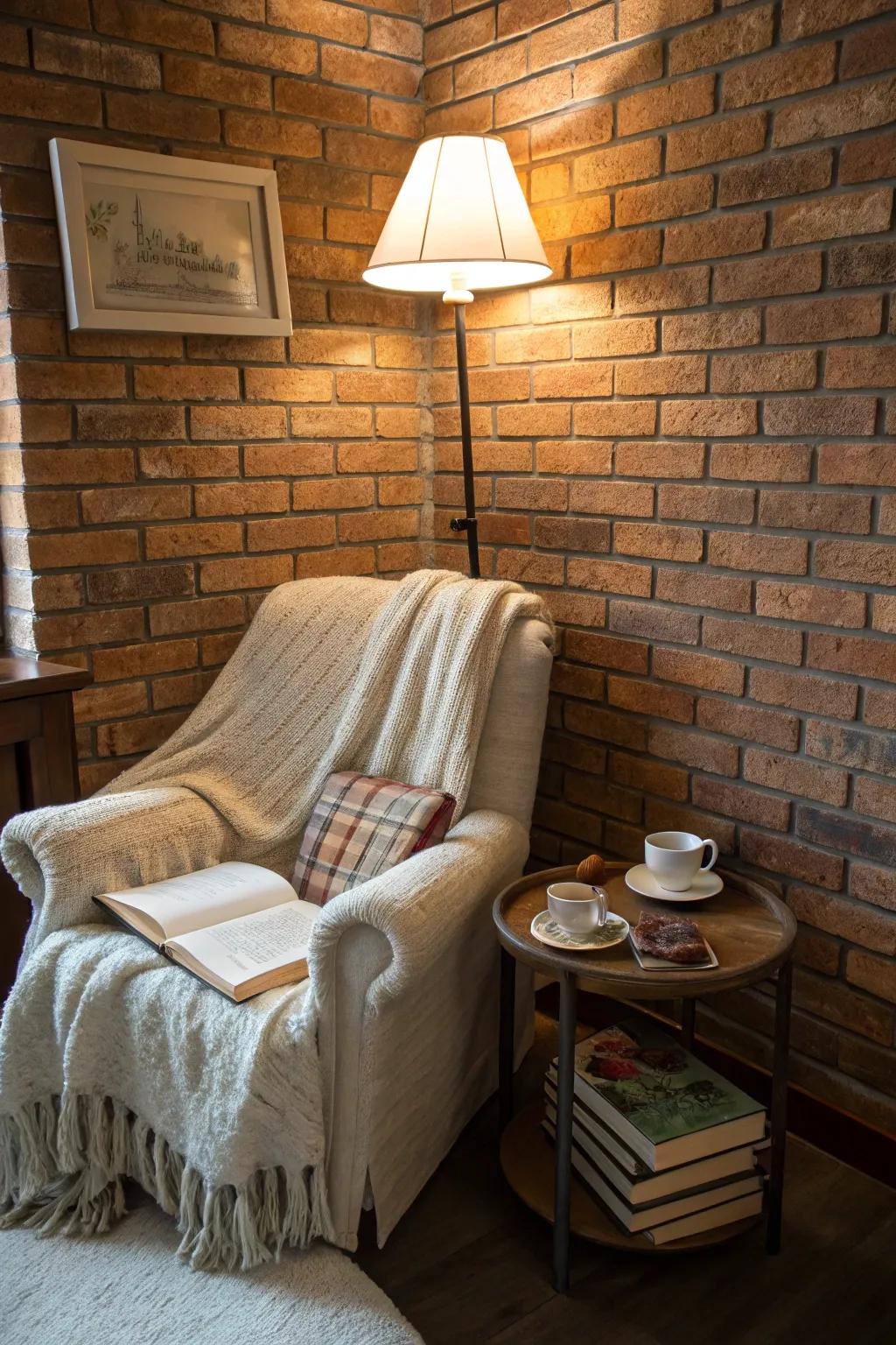 A serene reading nook with a cozy chair and lamp, perfect for relaxation by the brick wall.