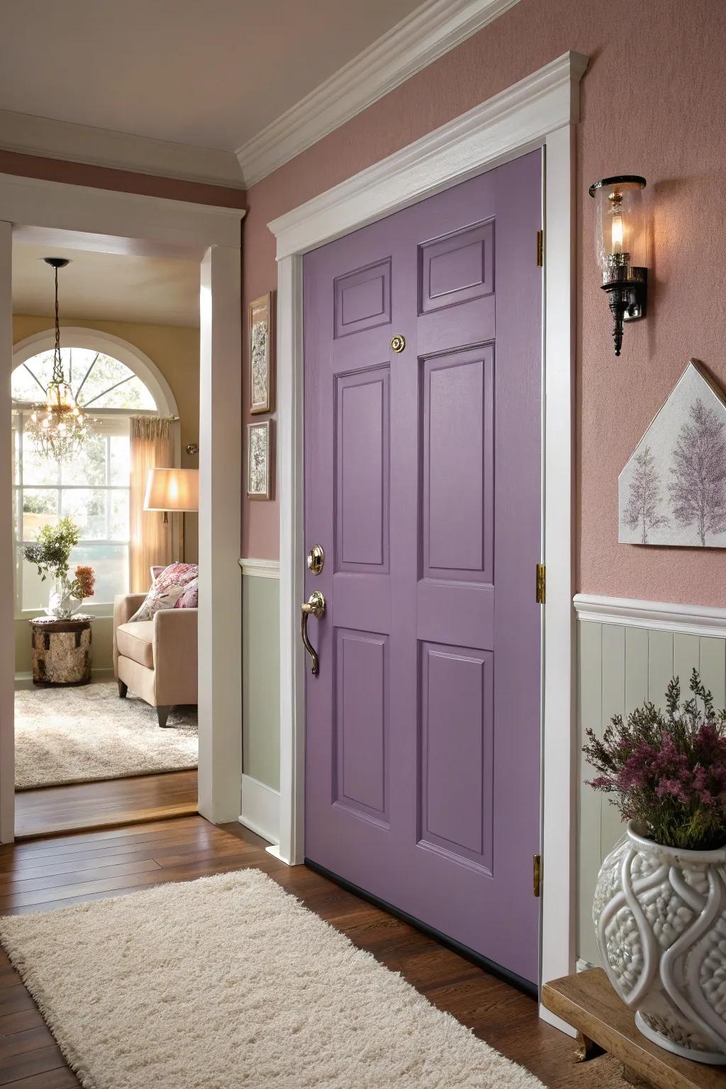 A lilac door gives a subtle charm to the entrance.