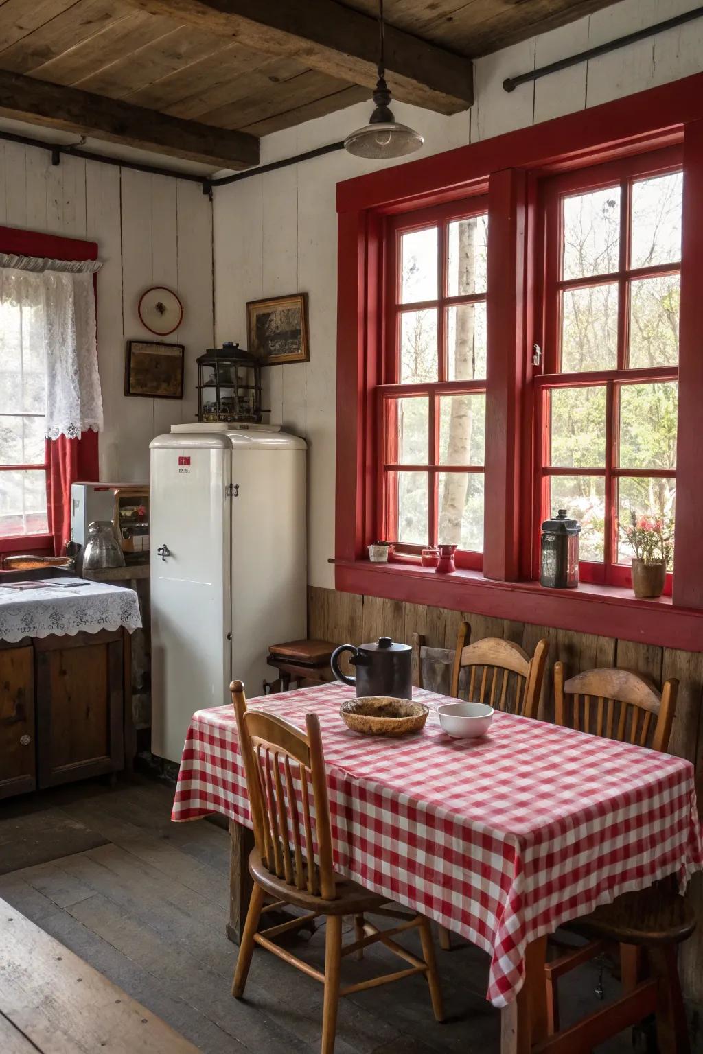 Country red frames enhance a cozy farmhouse sensation.