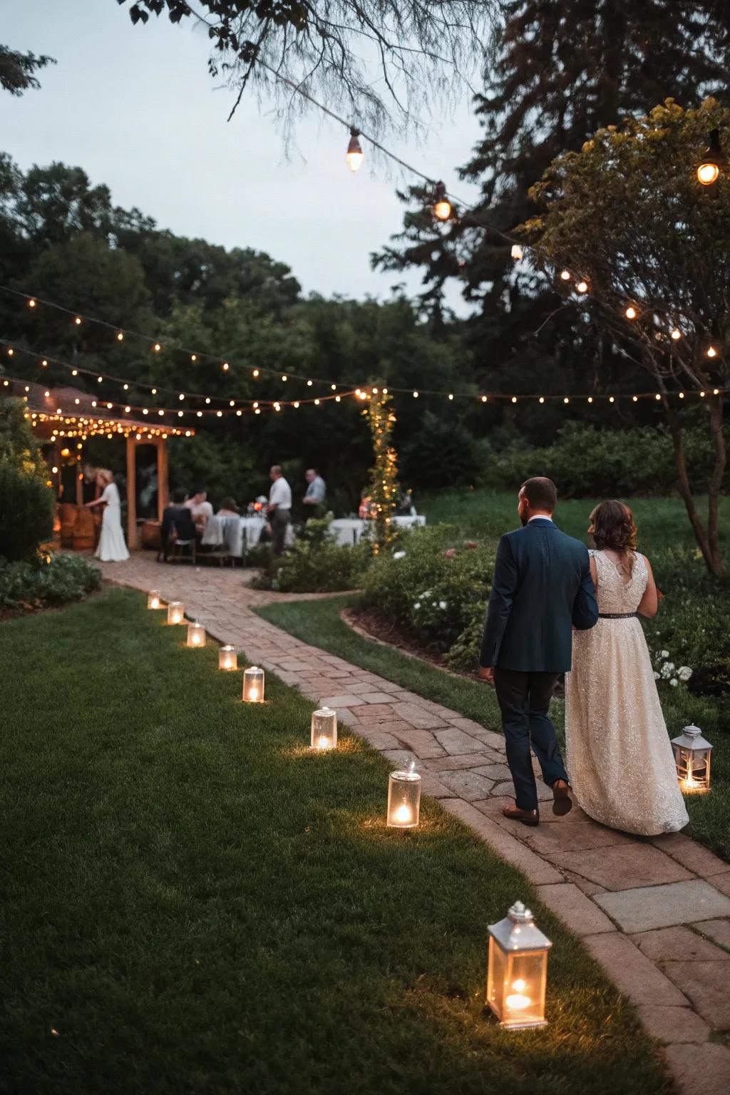 Lantern-lit pathways create a magical ambiance as night falls.