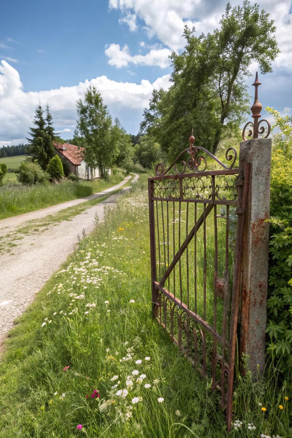 A rustic iron gate adding warmth and charm to the entrance.