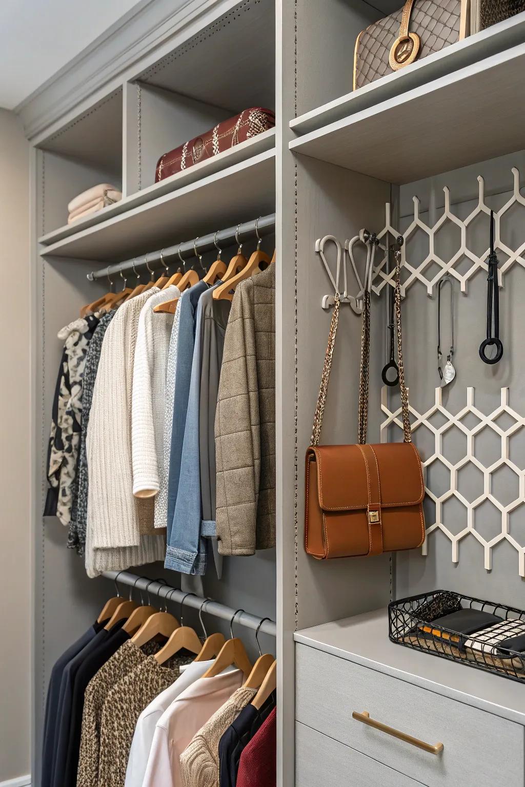 Hooks offer versatile storage solutions.