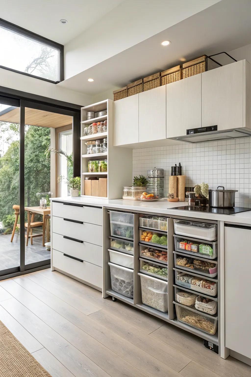 Modular storage units contribute to a flexible and organized kitchen.